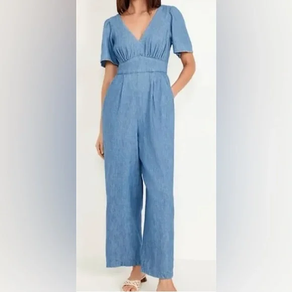 Old Navy Waist-Defined Puff-Sleeve Jumpsuit Denim - Picture 1 of 8